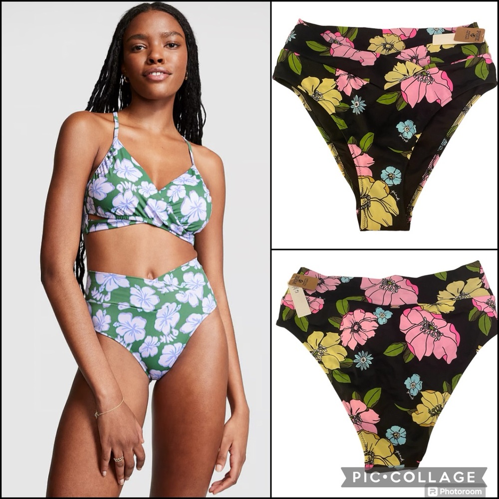 VS PINK Black Floral High Waisted Criss-Cross Cheeky Swim Bottom Bottoms